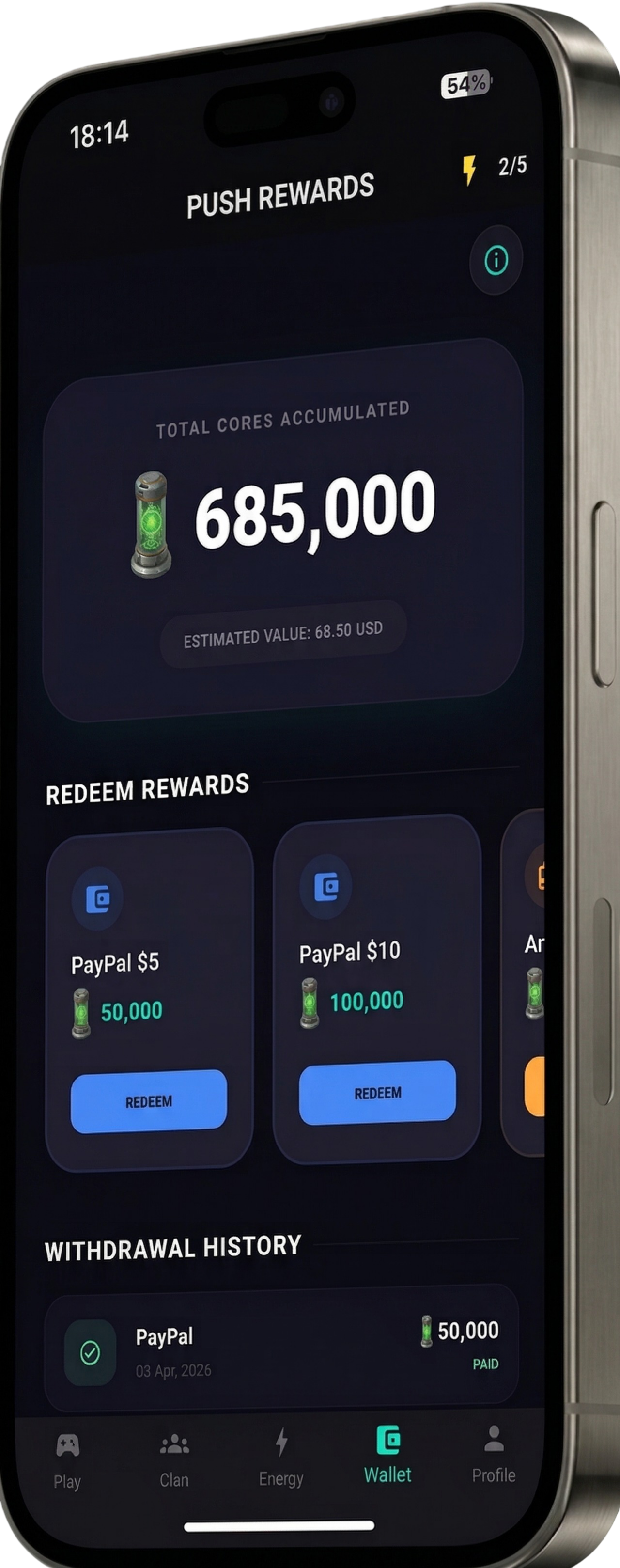 App UI of Psh Rewards App showing CORE Rewards and games